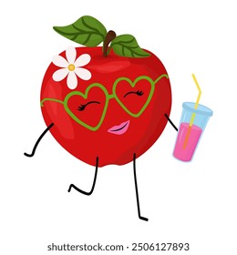 cheerful apple with heart-shaped sunglasses and a flower on its head is happily holding a smoothie with a straw. 