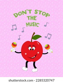 A cheerful apple plays musical instruments. Postcard template with a musical theme. Cartoon vector character. For covers, books and brochures, social networks, advertising, flyers and invitations