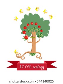Cheerful apple - tree in form of a stylized mustachioed man, juggling fruit on white background. Beautiful label with red banner and yellow butterflies. Vector illustration. Packaging design.