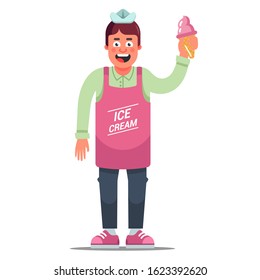 cheerful apron ice cream seller on a white background. flat character vector illustration