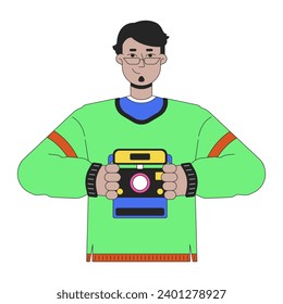 Cheerful arab man holding retro camera 2D linear cartoon character