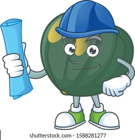 Cheerful Architect acorn squash cartoon character having blue prints