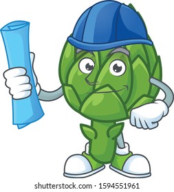 Cheerful Architect artichoke cartoon character having blue prints