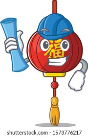 Cheerful Architect asian lantern cartoon style holding blue prints
