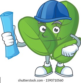 Cheerful Architect basil cartoon character having blue prints
