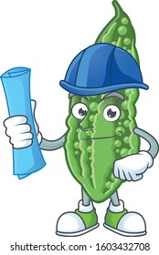 Cheerful Architect bitter melon cartoon character having blue prints
