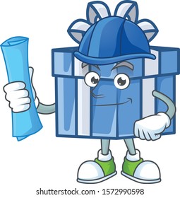 Cheerful Architect blue gift box cartoon style holding blue prints