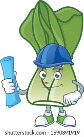Cheerful Architect bok choy cartoon character having blue prints