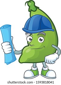 Cheerful Architect broad beans cartoon character having blue prints