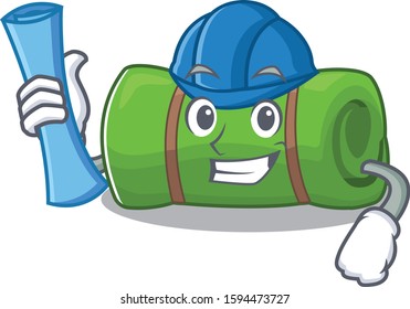 Cheerful Architect camping mat Scroll with blue prints and blue helmet