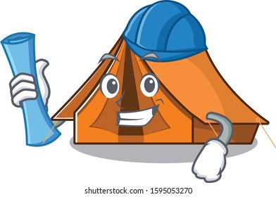 Cheerful Architect camping tent Scroll with blue prints and blue helmet