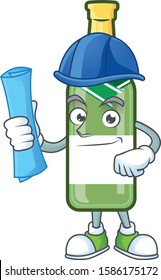 Cheerful Architect champagne green bottle cartoon style holding blue prints