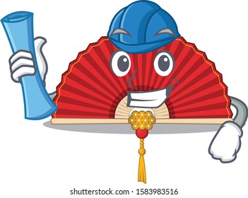 Cheerful Architect chinese folding fan cartoon style holding blue prints