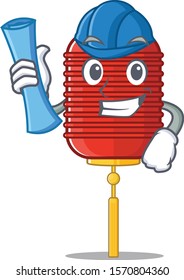 Cheerful Architect chinese lantern cartoon style holding blue prints