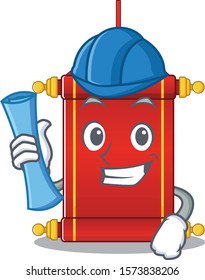 Cheerful Architect chinese scrolls cartoon style holding blue prints