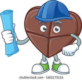 Cheerful Architect chocolate bar love cartoon character having blue prints