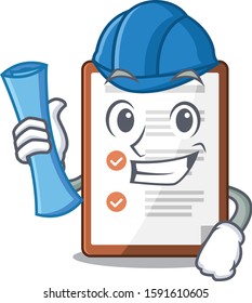 Cheerful Architect clipboard Scroll with blue prints and blue helmet