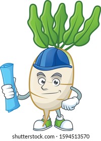 Cheerful Architect daikon cartoon character having blue prints