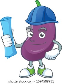 Cheerful Architect eggplant cartoon character having blue prints