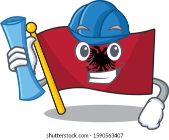 Cheerful Architect flag albania Scroll with blue prints and blue helmet