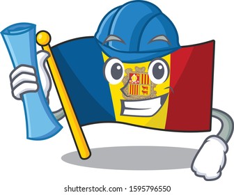 Cheerful Architect flag andorra Scroll with blue prints and blue helmet