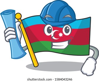 Cheerful Architect flag azerbaijan cartoon style holding blue prints