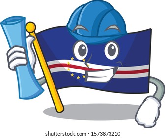 Cheerful Architect flag cape verde cartoon style holding blue prints