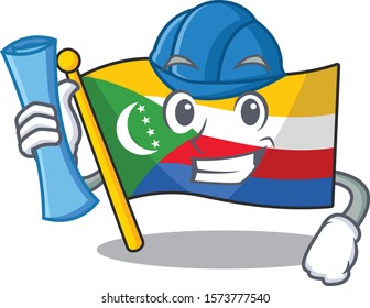 Cheerful Architect flag comoros cartoon style holding blue prints