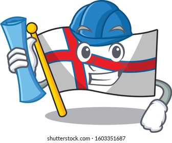 Cheerful Architect flag faroe island Scroll with blue prints and blue helmet
