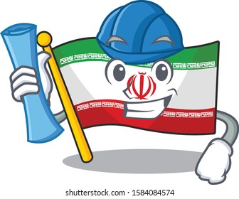 Cheerful Architect flag iran cartoon style holding blue prints