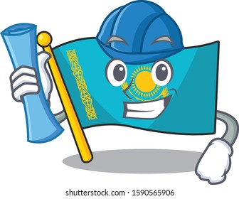 Cheerful Architect flag kazakhstan cartoon style holding blue prints