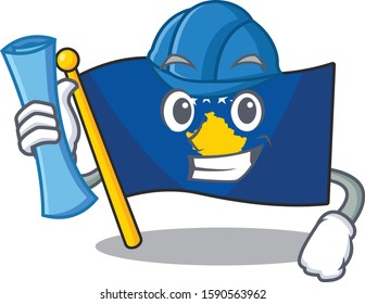 Cheerful Architect flag kosovo cartoon style holding blue prints