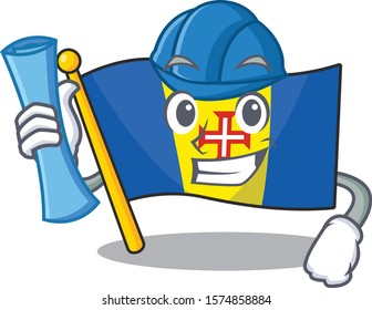 Cheerful Architect flag madeira cartoon style holding blue prints