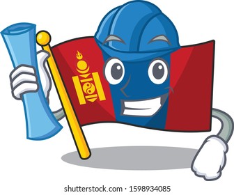 Cheerful Architect flag mongolia Scroll with blue prints and blue helmet