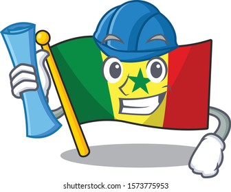 Cheerful Architect Flag Senegal cartoon style holding blue prints