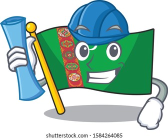 Cheerful Architect flag turkmenistan cartoon style holding blue prints