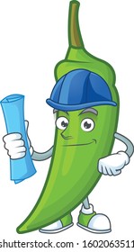 Cheerful Architect green chili cartoon character having blue prints