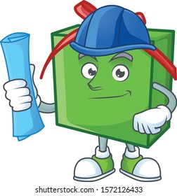 Cheerful Architect green gift box cartoon style holding blue prints
