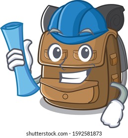 Cheerful Architect hiking backpack Scroll with blue prints and blue helmet
