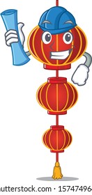 Cheerful Architect lampion chinese lantern cartoon style holding blue prints