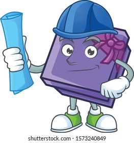 Cheerful Architect purple gift box cartoon style holding blue prints