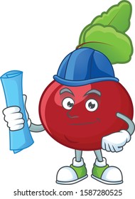 Cheerful Architect red beet greens cartoon character having blue prints