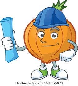 Cheerful Architect shallot cartoon character having blue prints