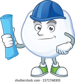 Cheerful Architect snowball cartoon style holding blue prints