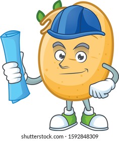 Cheerful Architect sprouted potato tuber cartoon character having blue prints