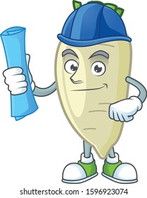 Cheerful Architect white radish cartoon character having blue prints