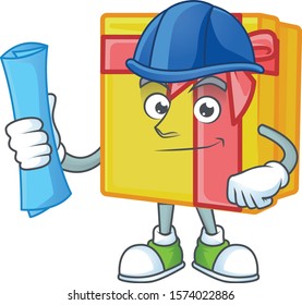 Cheerful Architect yellow gift box cartoon style holding blue prints