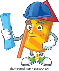 Cheerful Architect yellow stripes fireworks rocket cartoon style holding blue prints