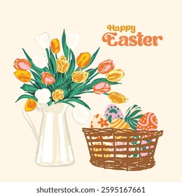 A cheerful arrangement of tulips in a jug beside a basket of decorated Easter eggs with "Happy Easter" text. Ideal for greeting cards, spring themes, and festive designs.