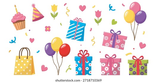 Eine fröhliche Auswahl an Geburtstagsfeier-Essentials, darunter bunte Ballons, gemusterte Geschenkboxen, ein süßer Cupcake, Partyhut und verstreutes Konfetti, perfekt für festliche Veranstaltungen.